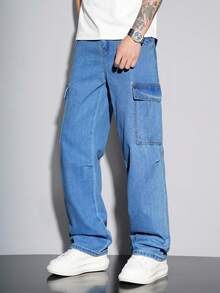 Claim Dot Men Casual Flap Pocket Side Cargo Jeans Jeans For Men Cargo Baggy - Medium Wash - View 4
