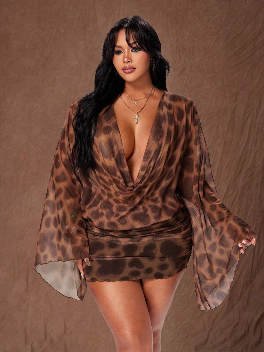 Rustia Lässiges, elegantes, sexy Mesh-Durchsichtig-Partykleid mit Leopardenmuster, figurbetont, geeignet für Herbst, Winter, Frühling