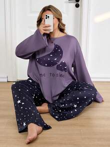 SHEIN CURVE+ 大码女式草莓爱心印花落肩长袖上衣和裤子睡衣套装，情人节休闲装 - 彩色 - 查看 4