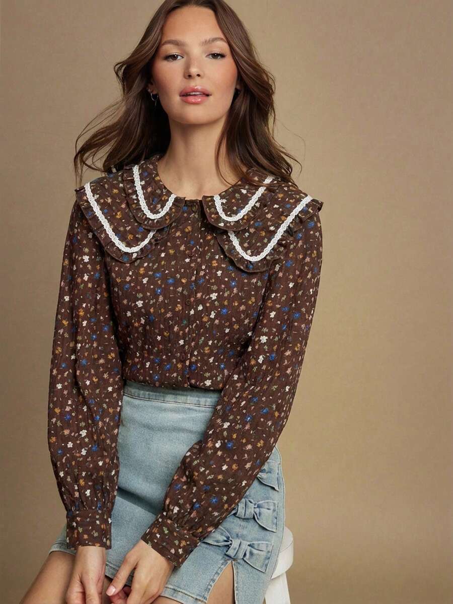 WESTFADE Blusa de manga larga con cuello Peter Pan, abotonada al frente, con doble capa de volantes, rayas y lazo floral - Marrón - Ver 1