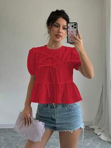 Elenzga 蝴蝶结前襟泡泡袖荷叶边上衣 - 紅色 - 查看 3
