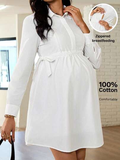 MaterniWear White Long-Sleeved Maternity Shirt Dress With Drawstring Adjustable Waist; Women's White Dress; New Year's Fashion Work Shirt Dress; Maternity Dress; White Nursing Dress; Maternity Wear; White Casual Dress; Office Commuting Wear. Maternity Dress White Nursing Dresses Pregnancy Clothing Postpartum Clothes
