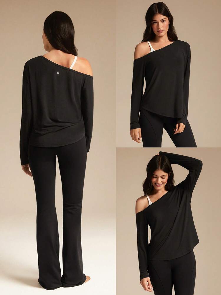 TENCEL™ Modal Drift Off Lightweight Silky Smooth Asymmetrical Off Shoulder Long Sleeve Active Top Low-Impact Yoga Pilates Gym Studio Daily Casual Wear