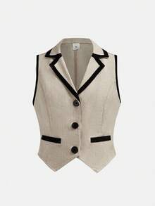 Firerie Kids Tween Girl Casual Commuter Contrast Collar Black & Apricot Top Shirt Top And Straight Leg Pants 2 Pieces Set - Apricot - View 6