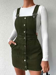 Women's Casual Single-Breasted Pocket Strap Denim Dress, Versatile For Autumn - Khaki - View 4
