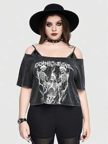 ROMWE Goth Plus Size Punk Skull Printed Distressed Short Sleeve Layered T-Shirt, School, For Summer - Black - View 4