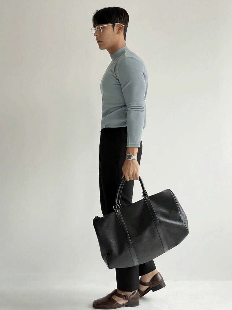 Men's Slim Fit Ribbed Knit T-Shirt, Blue, Spring/Autumn