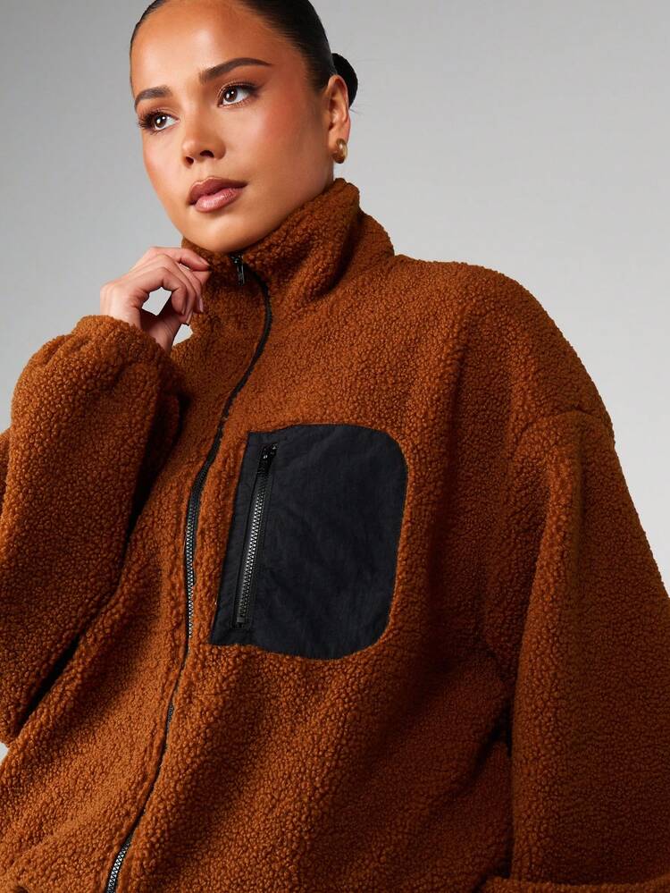 MISSGUIDED Cozy Borg Fleece Zip Through Jacket With Contrast Nylon Chest Pocket Panel Winter Outerwear