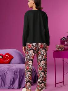 Betty Boop x SHEIN Bộ đồ ngủ nữ gồm áo dài tay màu đen in hình nhân vật hoạt hình và chữ cái, quần ống đứng họa tiết da báo, thích hợp cho mùa xuân/thu. - màu đen - Xem 2