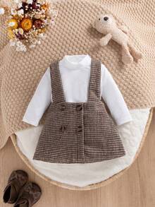 SHEIN 女婴泡泡袖连体衣和千鸟格印花背带裙 - 白色 - 查看 3