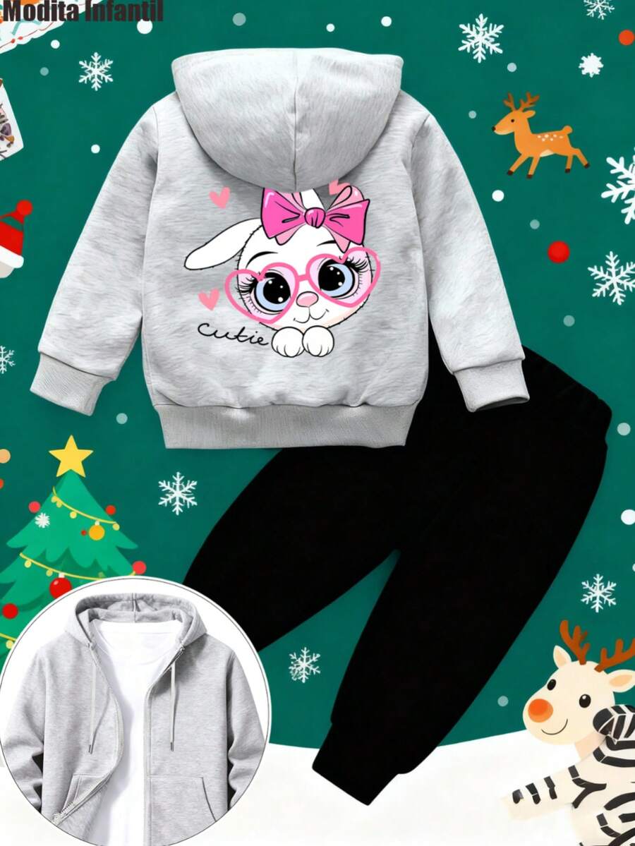 KID010-1|Navidad|2 piezas Chaquetas y pantalones para niños|Conjunto de ropa infantil navideño con gorro capucha con dibujo de conejita con gafas y corbata rosa, ideal para los niños durante las fiestas navideñas - Gris - Ver 1