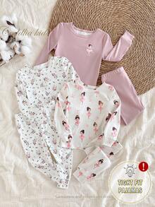 SHEIN Vintaside Kids 6 件套女童紧身套装，简约时尚，碎花长袖柔软舒适，3 件套家居服 - 彩色 - 查看 3