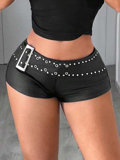 Jeanoix Y2K Fashion Casual Studded Decor Low Waist Coated Shorts
