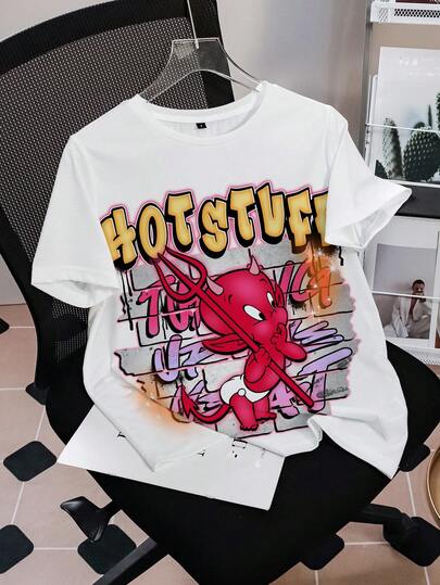 HOT STUFF X SHEIN Women's Casual Fashion Street Chic Daily Commute Cartoon Devil Letter Print Short Sleeve White T-Shirt