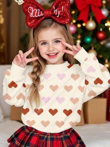 SHEIN Young Girl Cream Almond, Soft Colorful Heart Knit Texture Pattern, Casual Minimalist Comfortable Thick Soft Loose Crew Neck Long Sleeve Sweatshirt, Suitable For Autumn/Winter Daily, Holidays, New Year, New, Home, Vacation, Cozy Season, Autumn & Winter For Easy Comfort, Autumn & Winter Layers, Stylish, Casual Wear, Heart Graphic, Fall & Winter, New Year, Chic Autumn, Fashion Winter, New Style - Multicolor - View 5