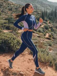 Innovista Women's Contrast Color Patchwork Cropped Top And Leggings Tennis Outfit Women Navy & Lavender Colorblock Contrast-Stitching Sports Set With Breathable Mesh Panels Full Zip Jacket + High-Stretch Leggings With Two-Piece Workout Outfit For Yoga Cycling Running HIIT Cardio CrossFit Outdoor Exercise Daily Athleisure Clean Girl Minimalist Style - Blue - View 10