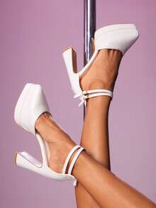 SHEIN X Belle Mariano CUCCOO LuxiPop Women's Thick Sole Buckle Design Elegant High Heels For Christmas - White - View 5