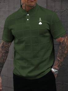 Manfinity Homme 男士 Polo 衫，商务休闲，纹理面料，印花设计绿色 Polo 衫，男士高尔夫球衫，学院风图案 Polo 衫，绿色男士短裤套装，黑桃 A 男士衬衫 - 綠色 - 查看 5