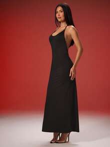 Denimoi X Detail Low Back Scoop Neck Maxi Dress Sexy Dress GNO Statement Dress - Black - View 5