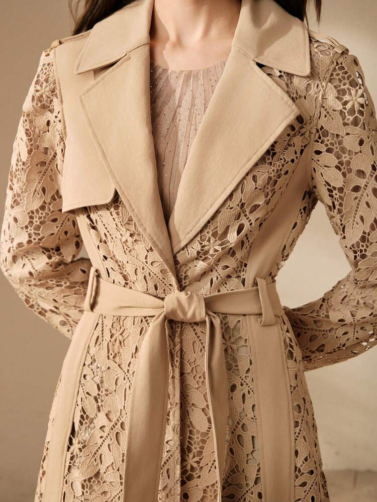 High Quality Fashionable New Women's Vintage Elegant Hollow Out Belted Trench Coat