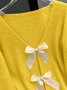 SHEIN LUNE 女士宽松蝴蝶装饰落肩长袖毛衣，秋冬季时尚单品 - 鵝黃色 - 查看 4