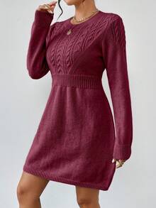 EMERY ROSE 女士纯色圆领长袖毛衣连衣裙 - 酒紅色 - 查看 6