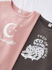 少女睡衣 - 两件套夏季睡衣套装，短袖圆领上衣，长裤，月亮星星印花，爱心图案，两件套睡衣，轻薄舒适，假日必备，2026 款可爱睡衣，礼物佳品，柔软贴身，弹性腰带，宽松版型 - 彩色 - 查看 5