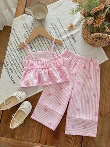 女宝宝可爱度假休闲条纹蝴蝶结装饰吊带背心和松紧腰裤套装 - 彩色 - 查看 9