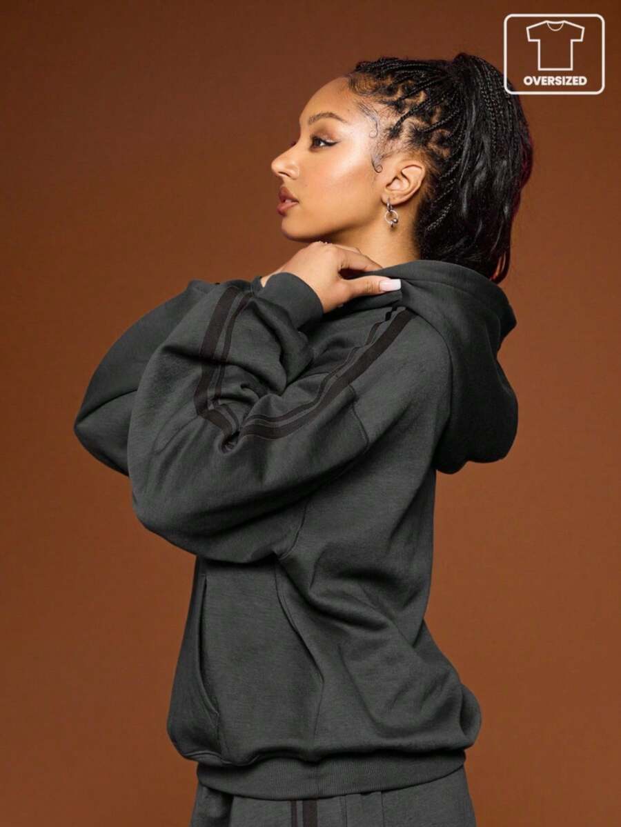 COUREZ Oversized Hoodie With Stripes /Y2K Fall Winter Clothes For Women Cozy Fall And Winter Clothes For Women Sweatshirts For Women New Year Sweaters Lounge Women Sets Sweatsuit Sets For Women 2 Pieces Sets - Black - View 1