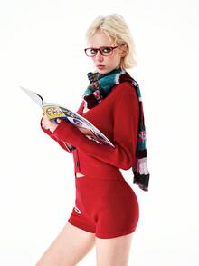 女士长袖提花针织开衫+针织短裤套装 - 酒紅色 - 查看 6