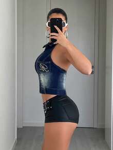 Jeanoix Y2K 时尚拉链刺绣水洗牛仔翻领露背上衣 - 深色水洗藍 - 查看 5