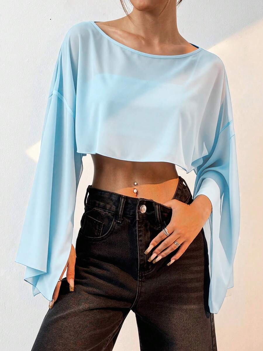 SHEIN EZwear 女士纯色圆领落肩长袖短款宽松上衣 - 淺藍色 - 查看 1