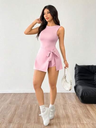SHEIN EZwear 粉色女士简约无袖连体裤，适合日常穿着，情人节女士连体裤