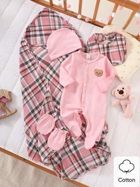 Nyfödd babyflicka rosa långärmad nallebjörn broderad väska benjump i kombination med samma färg mössa, handskar, rosa rutigt täcke och haklapp 5-delat presentset med bekvämt tyg, perfekt för hemmabruk