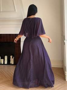 Dazy Plus Elegant Purple Long Chiffon & Contrast Lace Cinched Waist Dress, Shawl Collar, Spring/Summer - Violet Purple - View 10