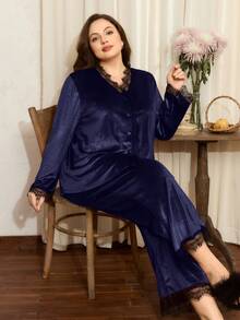 蕾丝边饰法式优雅成熟天鹅绒长袖加大码睡衣套装 - 藏蓝色 - 查看 1