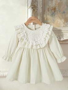 Souflis Souflis Váy cổ tròn ren chắp vá tay dài màu kem thanh lịch kiểu Pháp cổ điển, phù hợp cho các bữa tiệc, đi chơi và nhiều dịp khác nhau, dành cho bé gái - Màu be - Xem 2