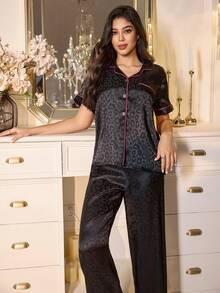 LuxeNights 提花领开襟女士睡衣套装 - 黑色 - 查看 6