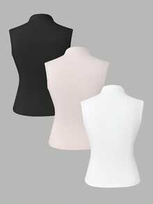 Conjunto de três peças com top sem mangas de gola alta para meninas adolescentes, com um colete de malha ajustado. Esta camiseta interior sólida e elástica é projetada para um ajuste personalizado e pode ser usada tanto como uma camada inferior quanto sozinha para estilos de sobreposição diários.