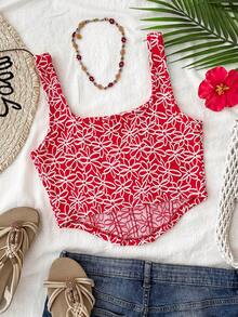 Travachic Áo tank top ôm sát in hoa toàn thân kiểu dệt kim cho nữ, bộ đồ thường ngày đi nghỉ mát cho nữ, kỳ nghỉ hè, kỳ nghỉ xuân, tiệc tùng, bãi biển, mùa xuân, ngày lễ tình nhân, quà Valentine cho nữ, trang phục lễ hội, thanh lịch, hoa văn, lễ hội, từ xuân sang hè, tiệc tùng, trang phục lễ hội, phong cách boho Mexico cho nữ, áo đỏ. - Đỏ và trắng - Xem 2
