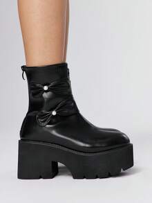 ROMWE 女士时尚百搭蝴蝶结装饰厚底坡跟踝靴 - 黑色 - 查看 4