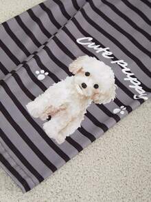 2pcs/Set Tween GirlsPlaid Pants & English Letter Print Long Sleeve Casual Homewear Set Grey Pajama Set Tween Girls Pajamas-Pajama Set Gray Striped Puppy Print Round Neck Long Sleeve Top With Pants Stylish Playful Design Comfortable Loungewear Four Season Sleepwear 2026 New Year Essential - Grey - View 8