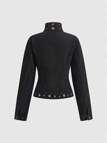 ROMWE J-Fashion Vintage Distressed Rivet Punk Rock Biker Denim Jacket For Women - Black - View 2