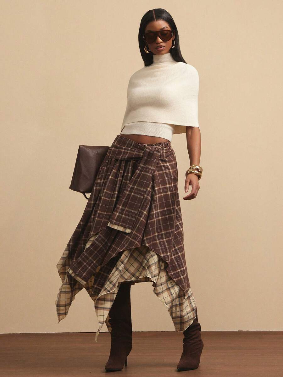 NYA SZN Skirt High Rise Loose Tie Knot Plaid Red Yellow Grunge Holiday Festive Winter Valentines Day Special Occasion Elegant Luxury Carnival Outfits For Women - Multicolor - View 1