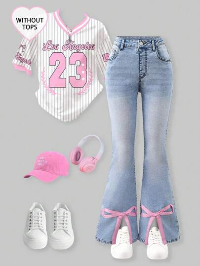 SHEIN ChillGRL 少女时尚个性化四季百搭黑色贴花3D刺绣做旧喇叭高弹牛仔裤