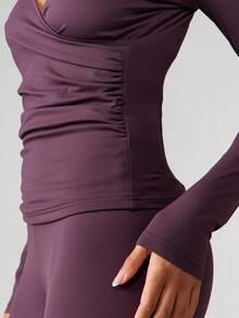 MISSGUIDED Women Long Sleeve Ruched Detail V Neck Fitted Top With Side Gathering Athletic Activewear Workout Shirt Fall Winter - Brown - View 3