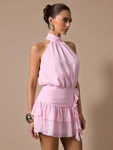 SHEIN BAE 无袖荷叶边下摆纯色迷你连衣裙，优雅甜美可爱修身款，适合浪漫约会、派对、正式聚会、伴娘礼服、夏季连衣裙、下午茶会连衣裙、新年、情人节、生日迷你连衣裙，粉色连衣裙 - 淺粉色 - 查看 5