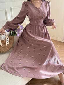 Feyla Women's Elegant Commuter Ditsy Floral Dress - Purple - View 8