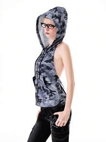 Bloopia 女士迷彩印花无袖连帽拉链开衫 - 彩色 - 查看 3