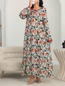 Al Najma Crew Neck Slit Sleeve Leaf Print Long Tunic Kaftan Jalabiya Dress - Black - View 5